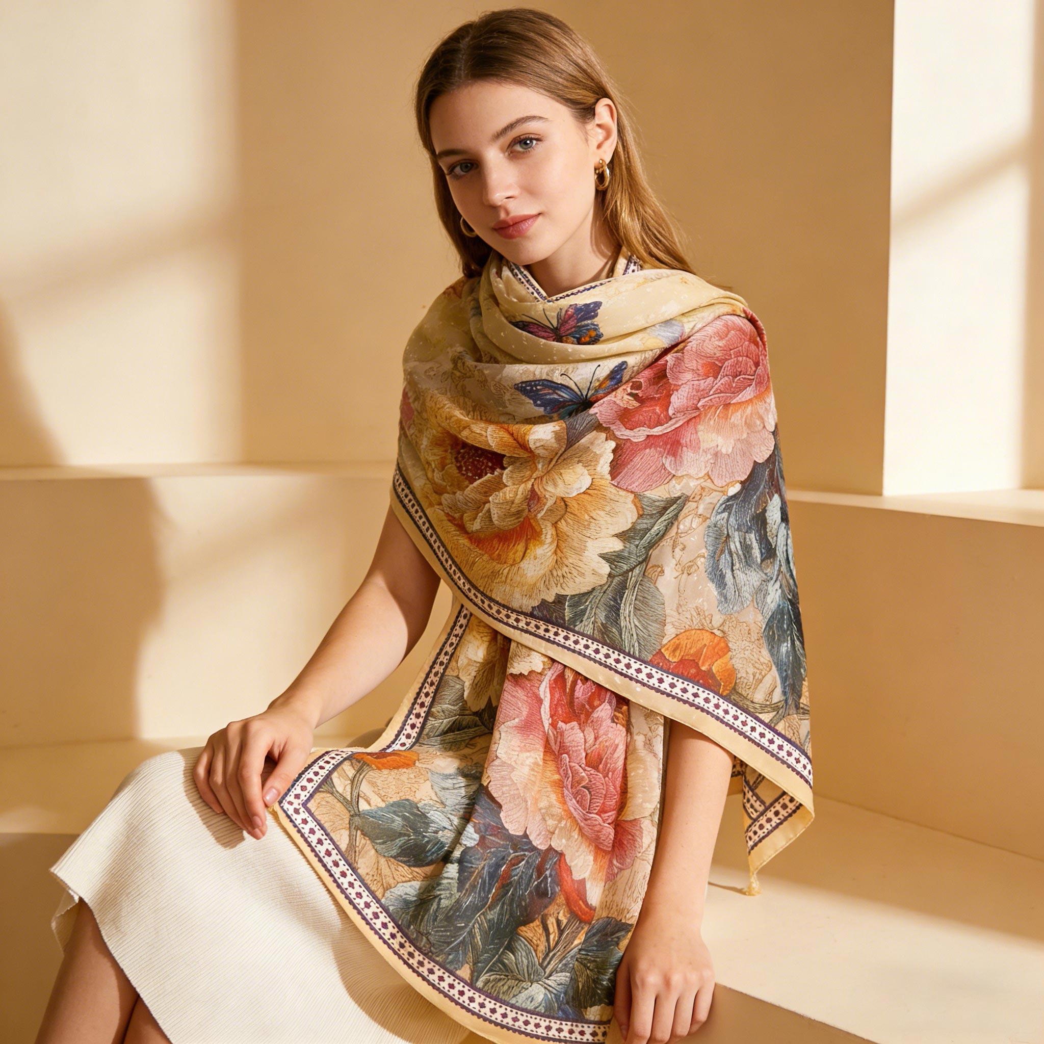 Cream Peony Butterfly Silk Scarf – Elegant Vintage Floral Garden Shawl