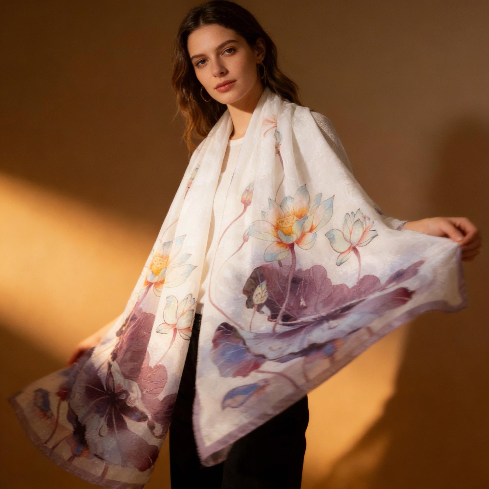 Purple Lotus Floral Silk Scarf – Elegant Watercolor Garden Shawl