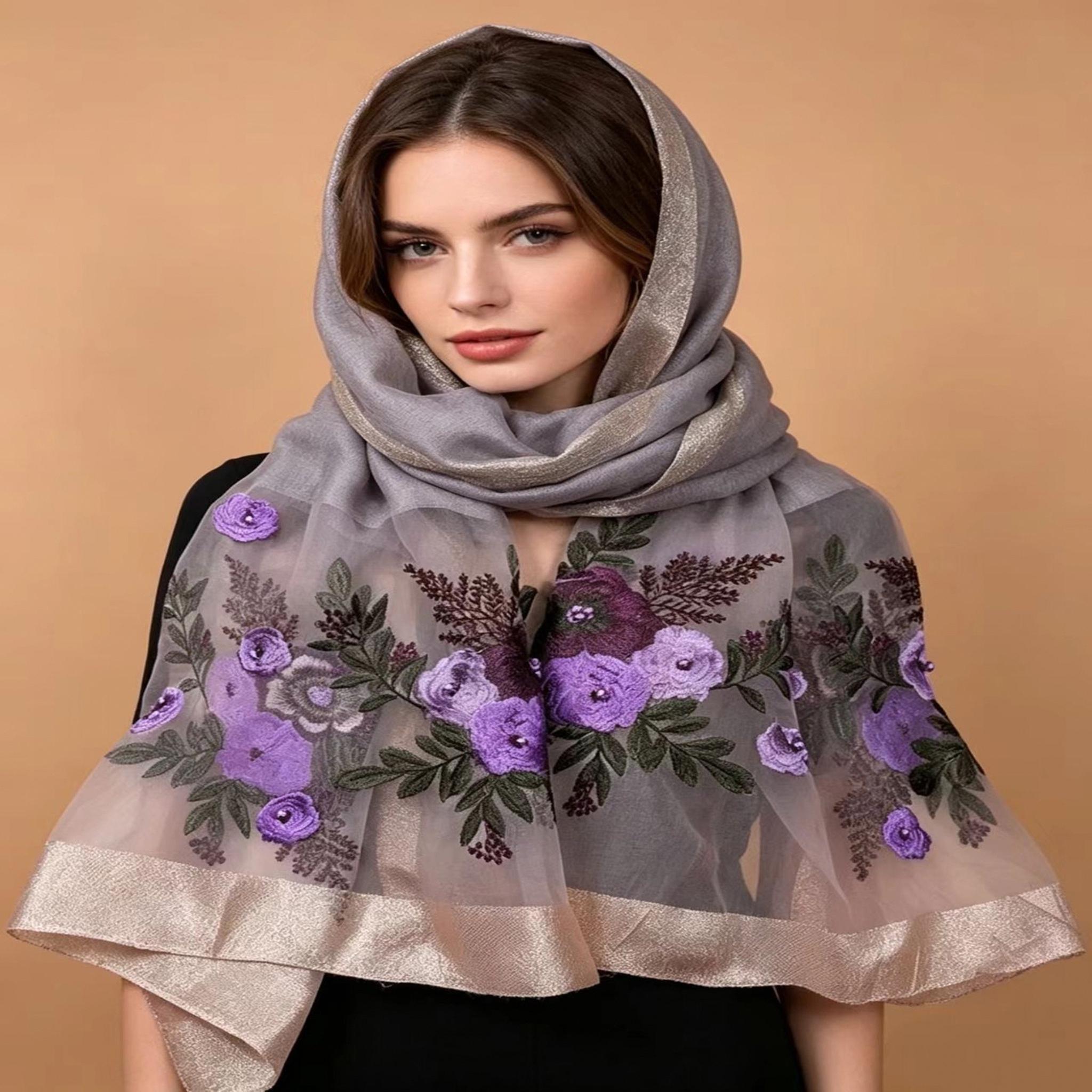 Gray Purple Floral Embroidered Silk Scarf – Elegant Sheer Blossom Shawl
