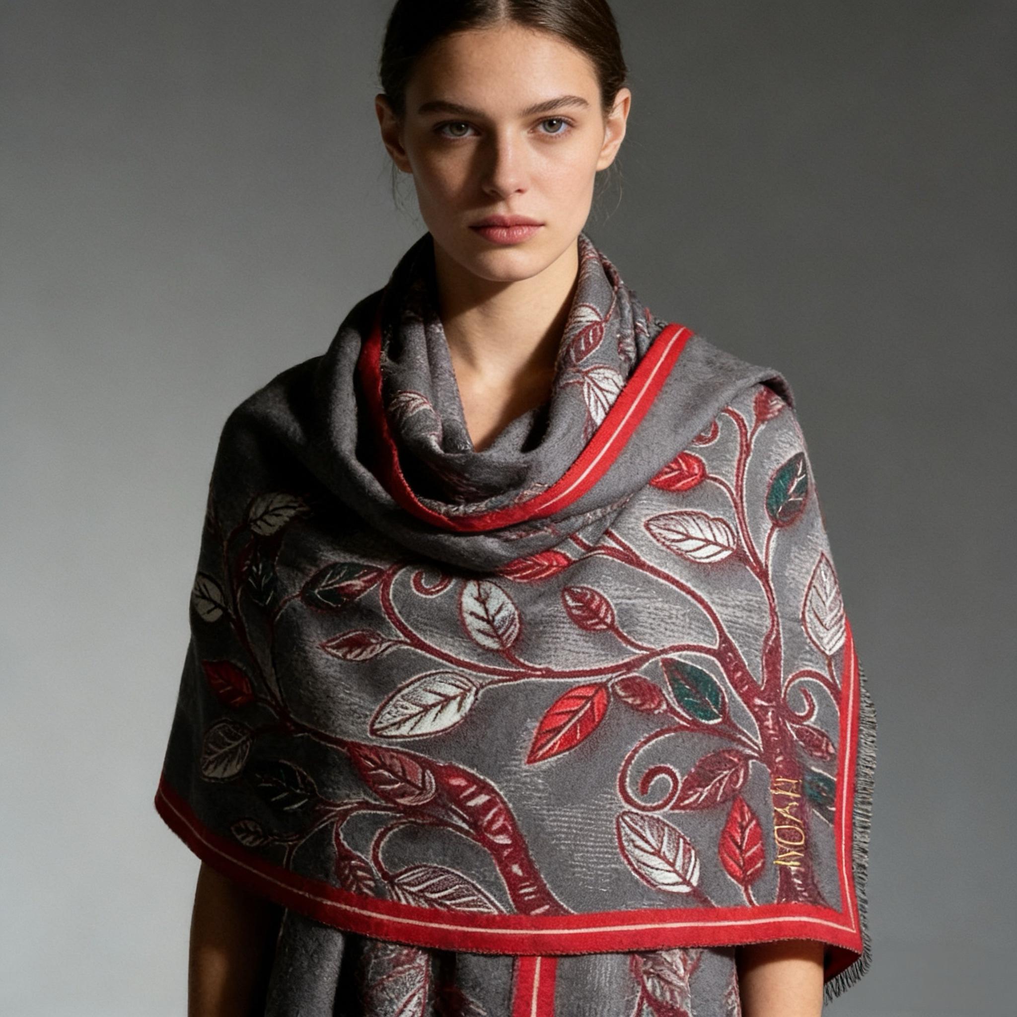 Gray Red Vine Leaf Silk Scarf – Elegant Botanical Embroidered Shawl