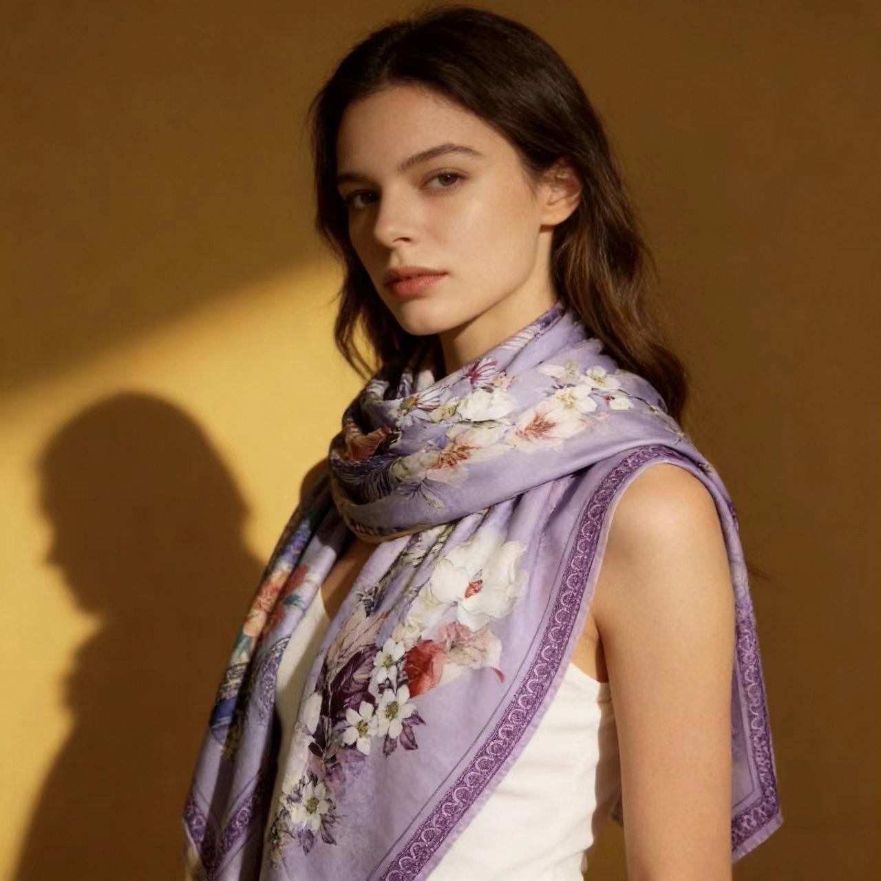 Lavender Floral Silk Scarf – Elegant Peony Blossom Shawl