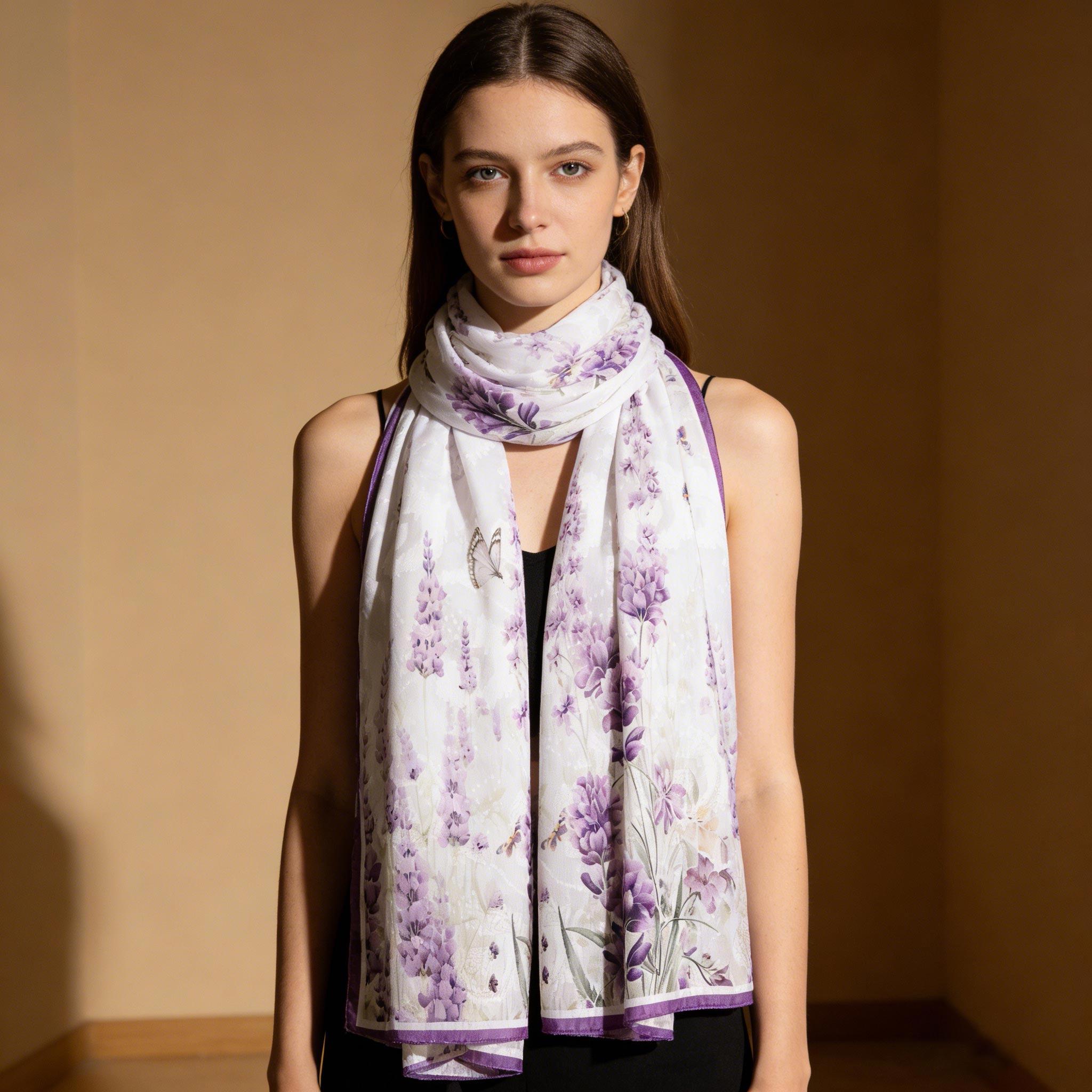 Purple Lavender Floral Silk Scarf – Elegant Botanical Garden Shawl