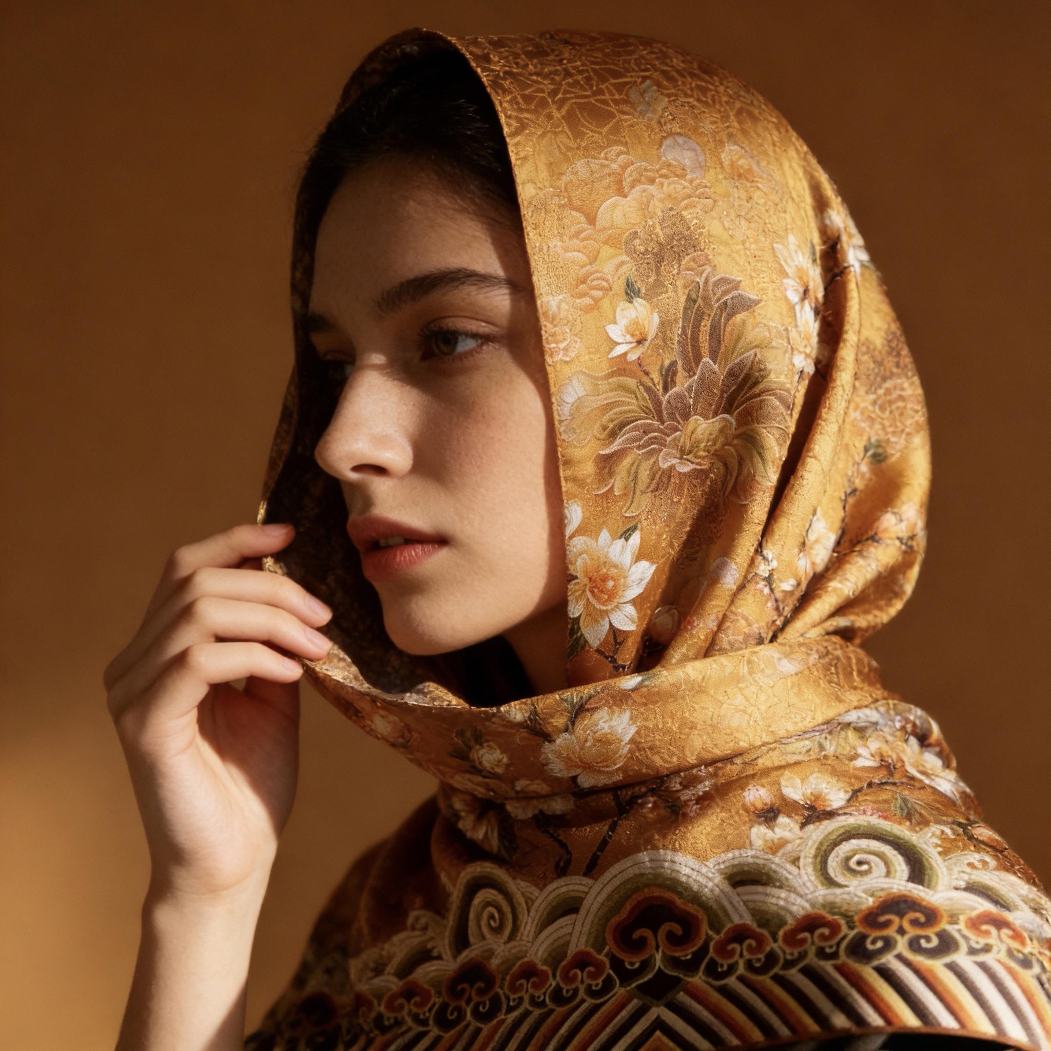 Golden Floral Silk Scarf – Elegant Blossom Branch Shawl