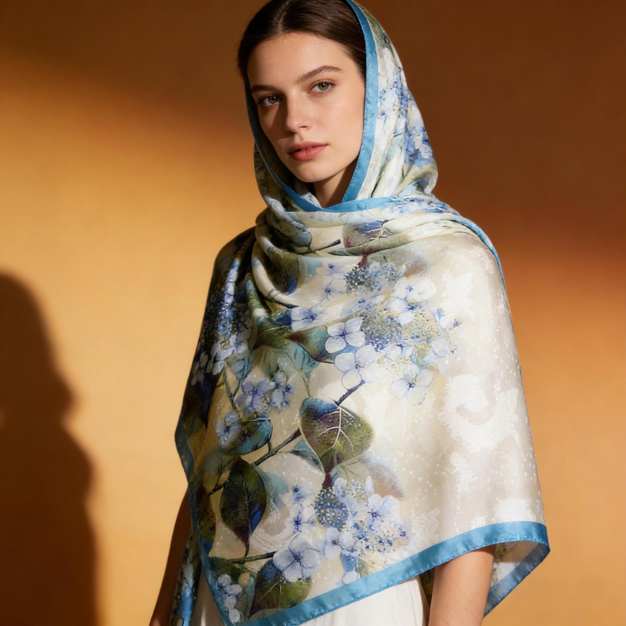 Cream Blue Hydrangea Silk Scarf – Elegant Floral Botanical Shawl