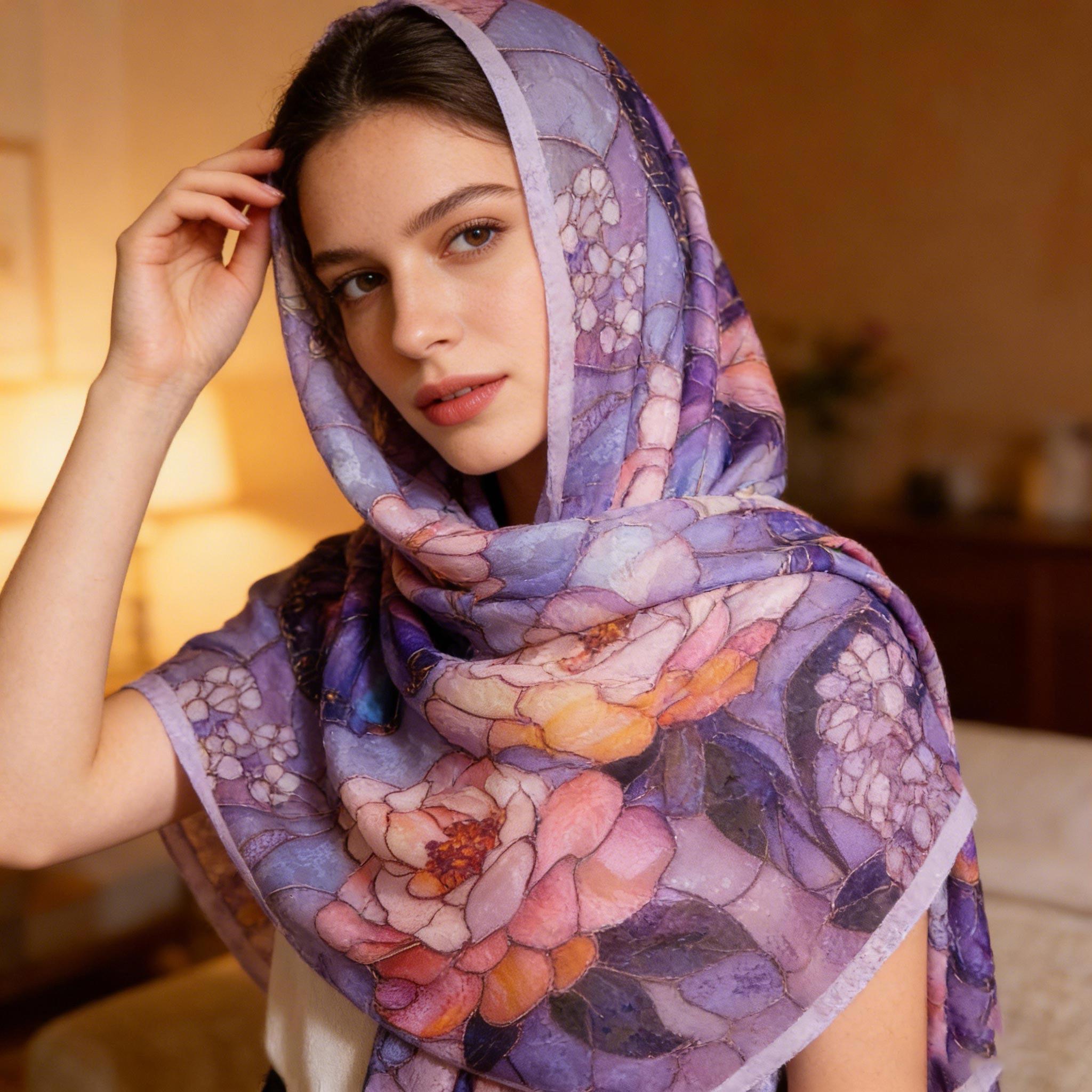 Stained Glass Butterfly Silk Scarf – Elegant Floral Window Art Shawl