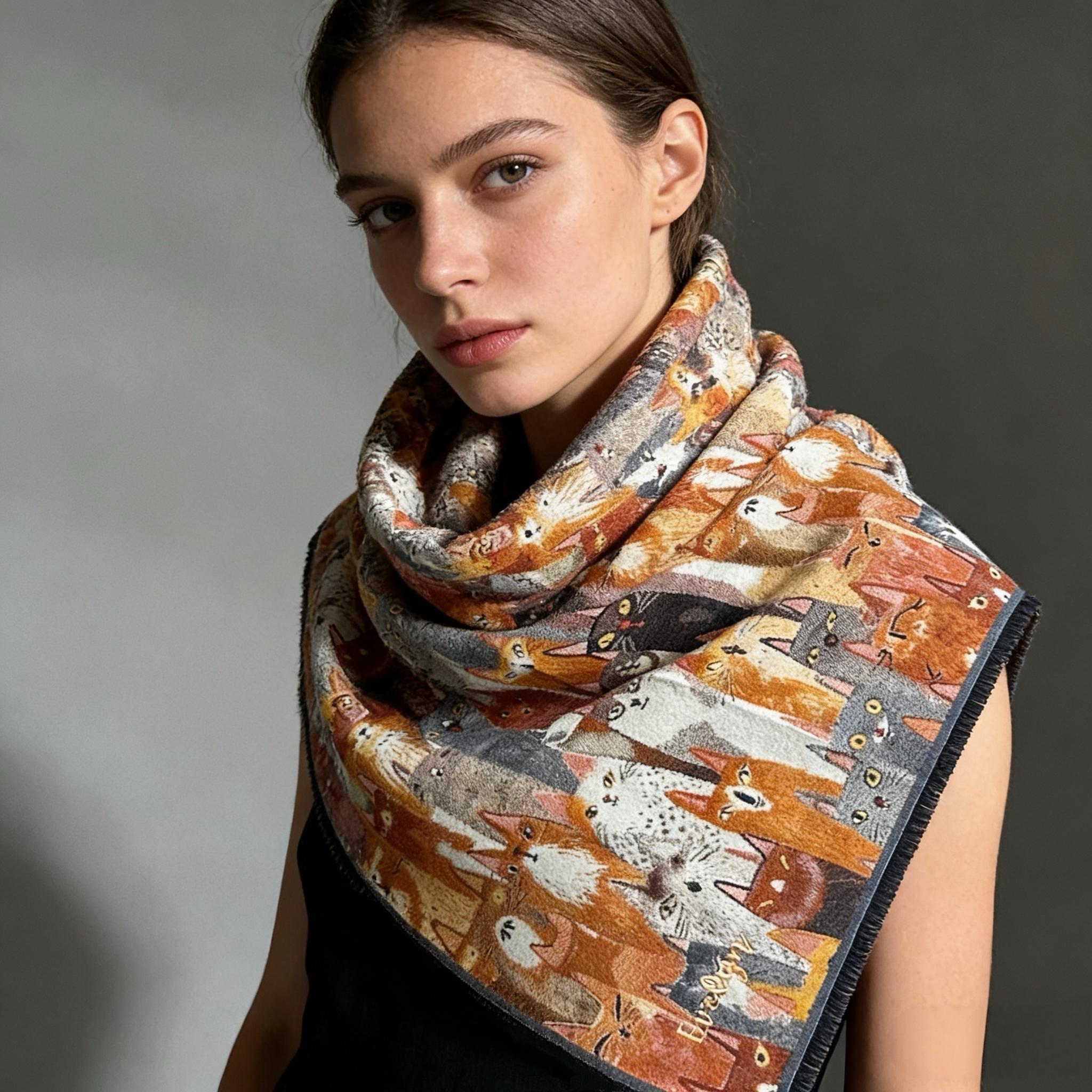 Warm Toned Cat Portrait Silk Scarf – Cute Artistic Feline Print Shawl