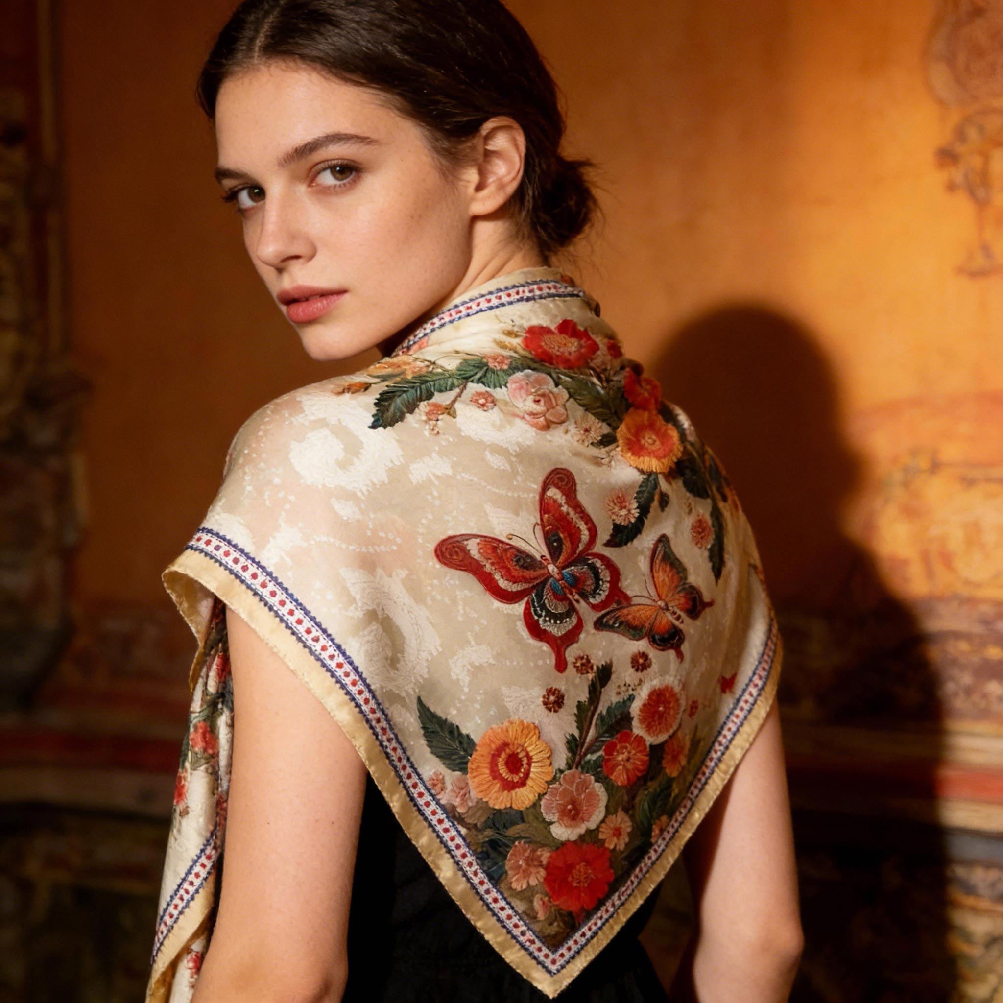 Cream Butterfly Floral Silk Scarf – Elegant Vintage Garden Shawl
