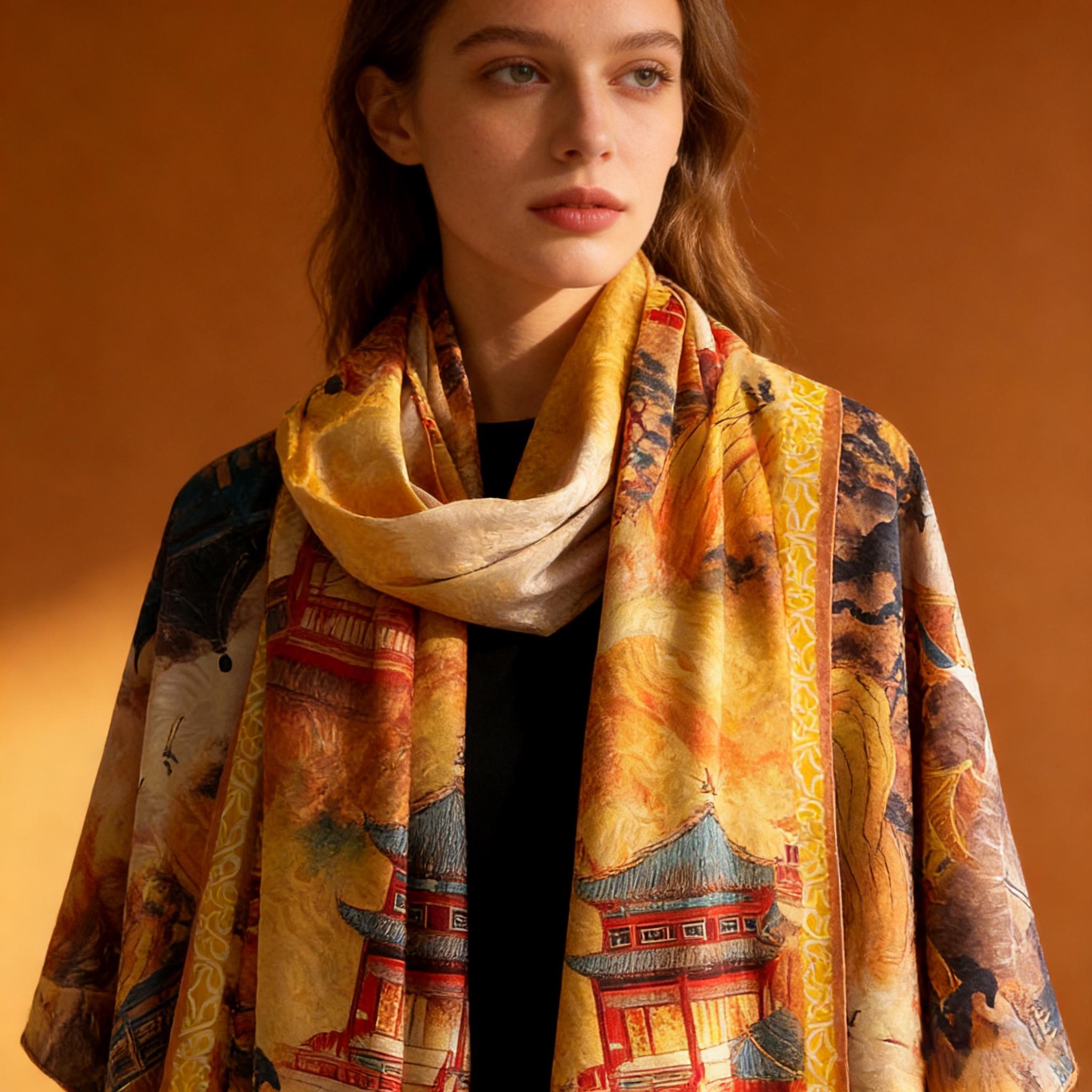 Oriental Palace Landscape Silk Scarf – Vintage Chinese Pavilion Print Shawl