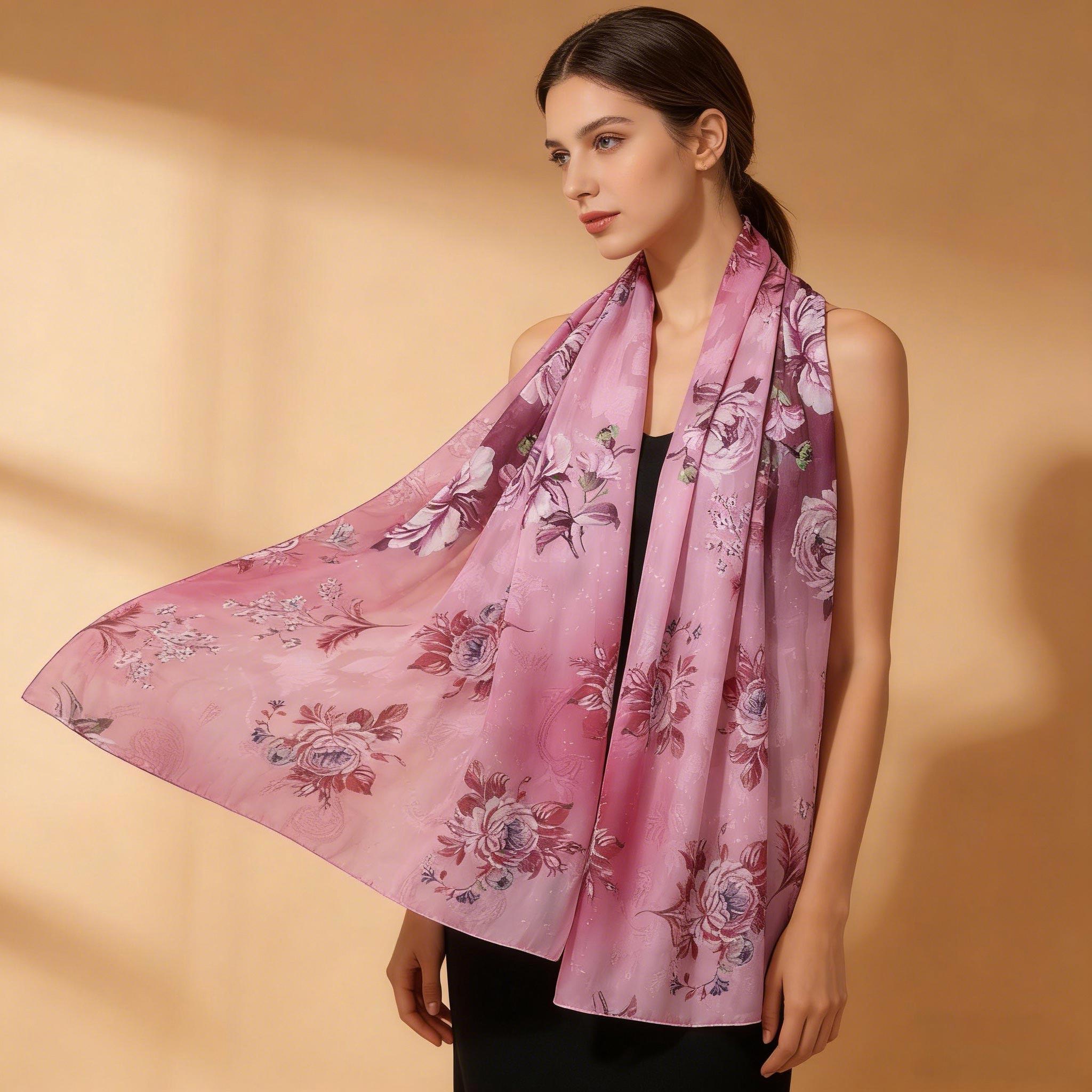 Pink Rose Floral Silk Scarf – Romantic Vintage Garden Shawl