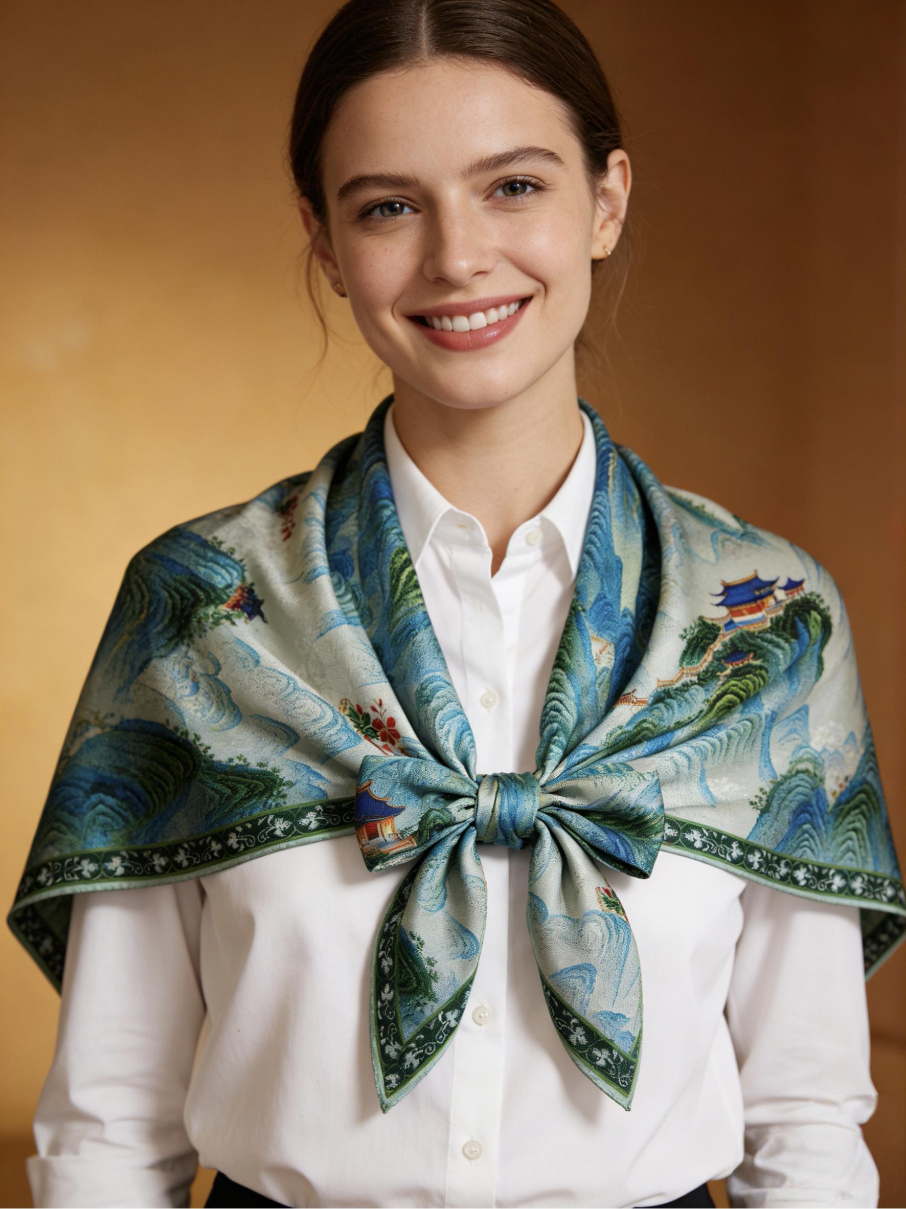 Blue Mountain Landscape Silk Scarf – Elegant Oriental Pagoda Print Shawl