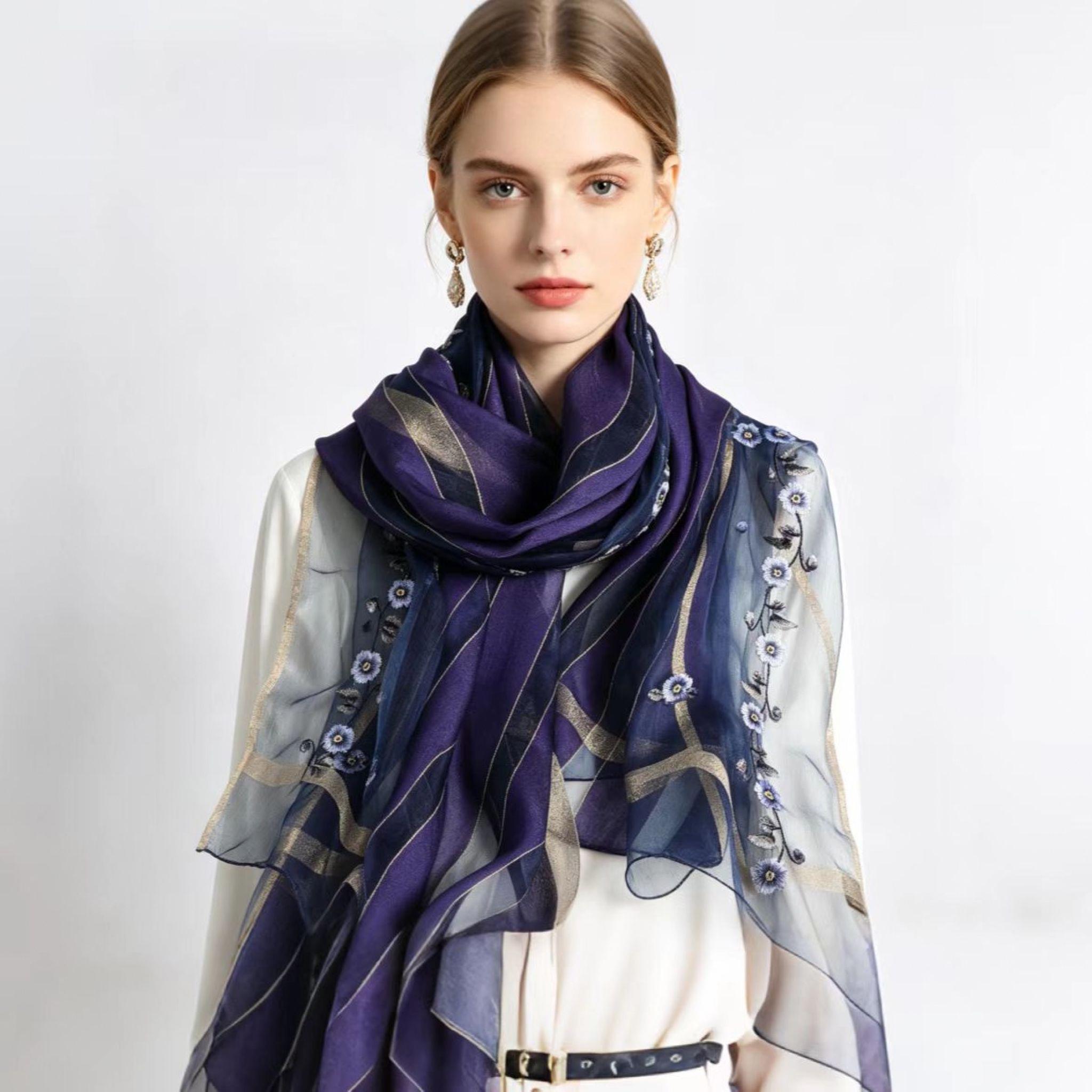 Navy Purple Floral Embroidered Silk Scarf – Elegant Sheer Striped Shawl