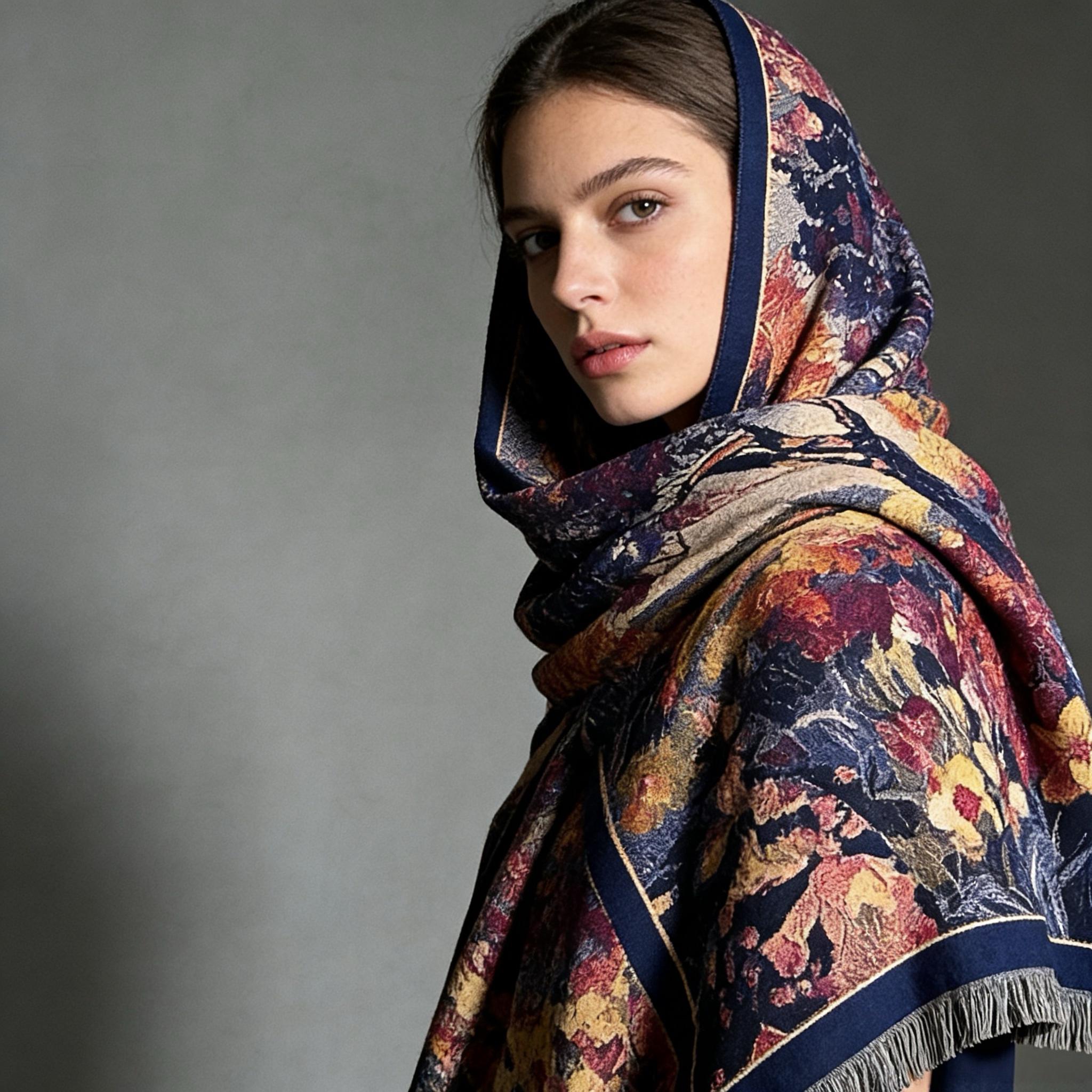 Autumn Tree Landscape Silk Scarf – Artistic Fall Forest Print Shawl