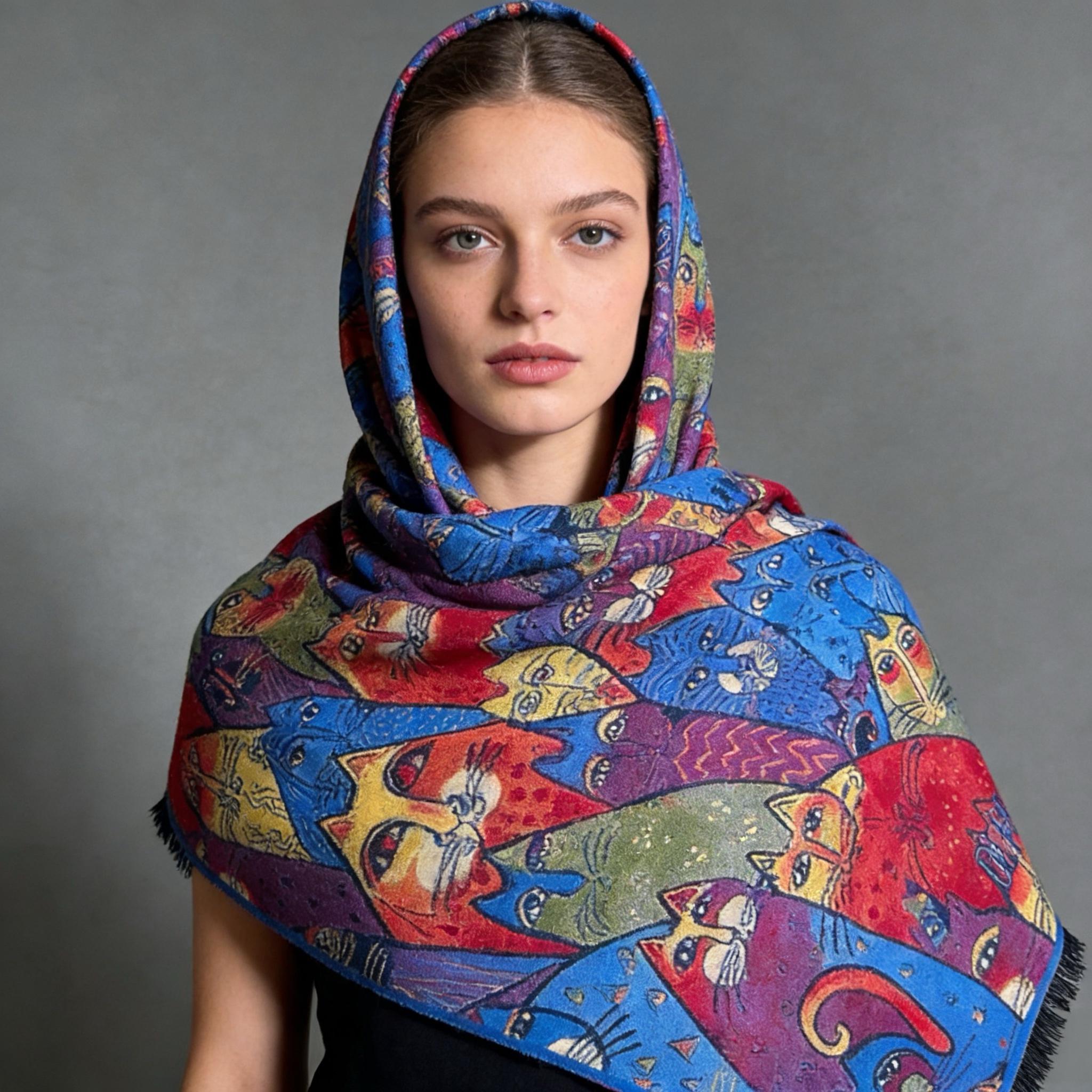 Colorful Cat Art Silk Scarf – Playful Abstract Feline Print Shawl