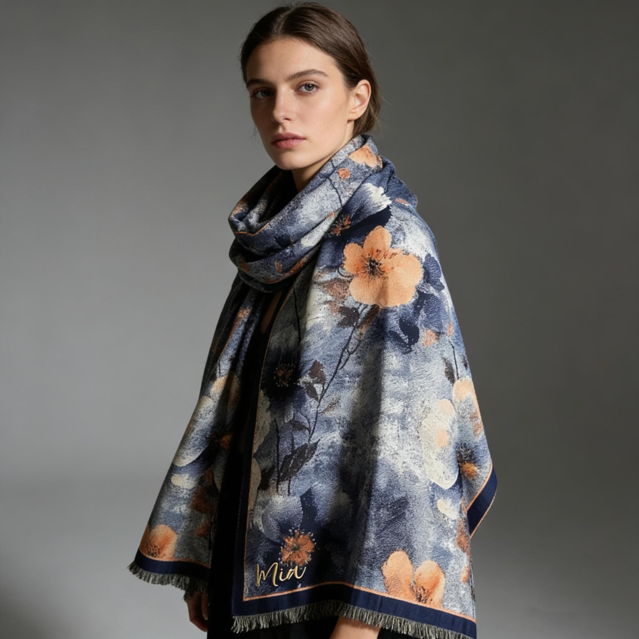 Blue Gray Watercolor Floral Silk Scarf – Elegant Blossom Print Shawl